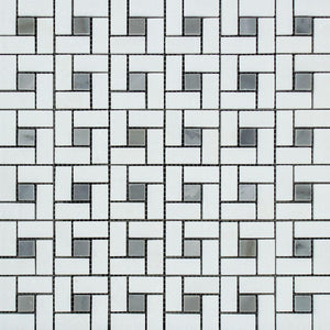 Thassos White Polished Marble Mini Pinwheel Mosaic Tile w/ Blue-Gray Dots