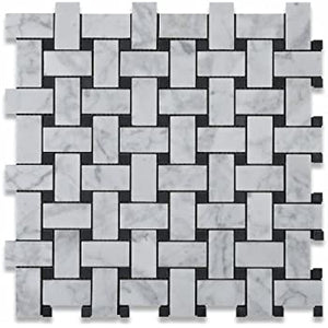 Bianco Carrara Polished Marble Basketweave Mosaic Tile (w/ Black Dots)