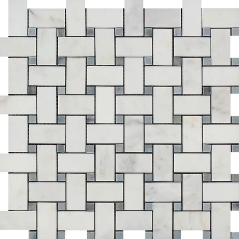 Oriental White Polished Marble Basketweave Mosaic Tile w/ Blue-Gray Dots