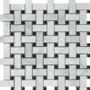 Bianco Mare Polished Marble Basketweave Mosaic Tile w/ Black Dots