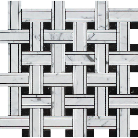 Bianco Carrara Polished Marble Tripleweave Mosaic Tile (w/ Black)