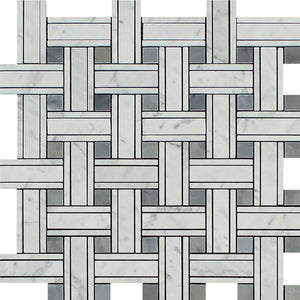 Bianco Carrara Polished Marble Tripleweave Mosaic Tile (w/ Blue-Gray)