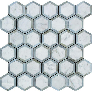 2 x 2 Polished Bianco Carrara Marble Vortex Hexagon Mosaic Tile (w/ Blue-Gray)