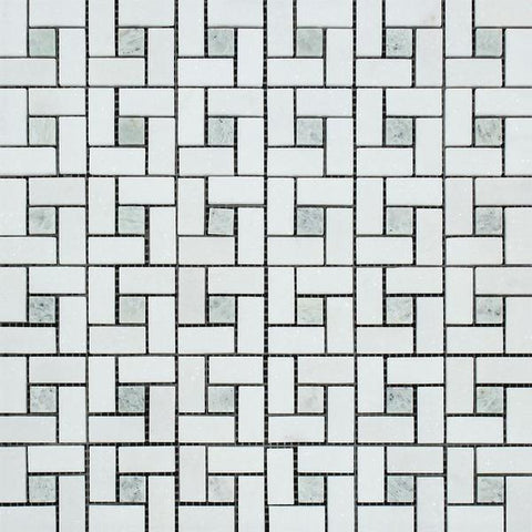 Thassos White Polished Marble Mini Pinwheel Mosaic Tile w/ Ming Green Dots
