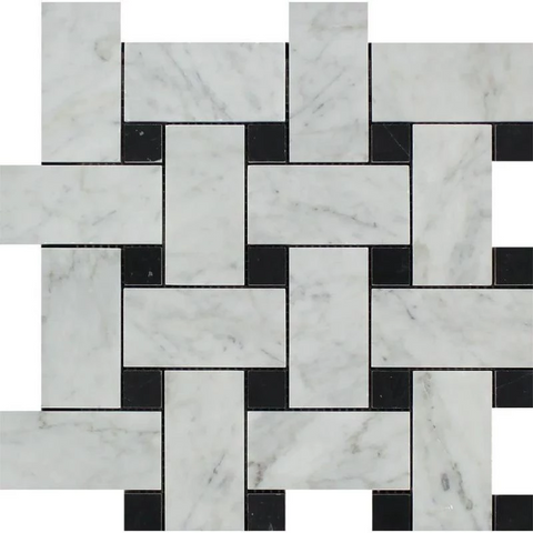 Bianco Carrara Polished Marble Large Basketweave Mosaic Tile (w/ Black Dots)