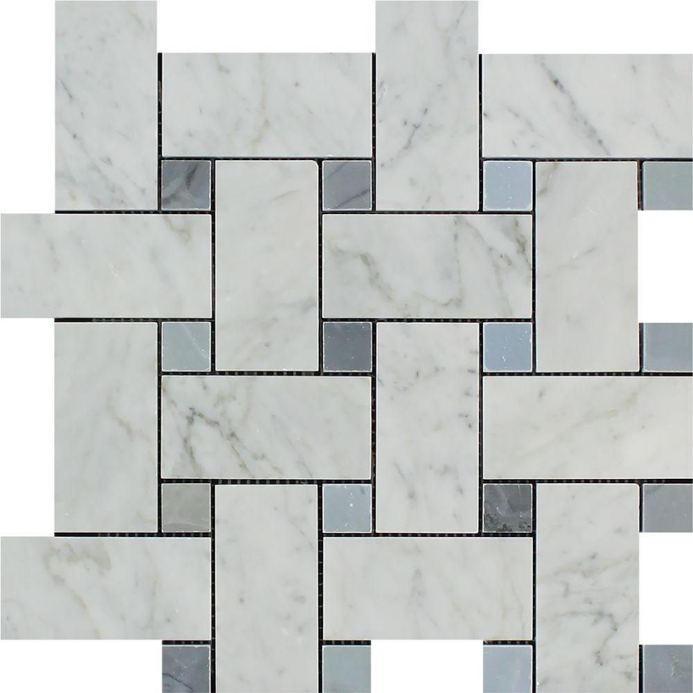 Bianco Carrara Polished Marble Large Basketweave Mosaic Tile (w/ Blue-Gray Dots)