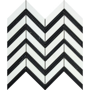 Thassos White Polished Marble Large Chevron Mosaic Tile (Thassos + Black (Thin Strips))