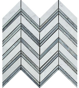 Bianco Carrara Polished Marble Large Chevron Mosaic Tile (Carrara + Blue-Gray (Thin Strips))