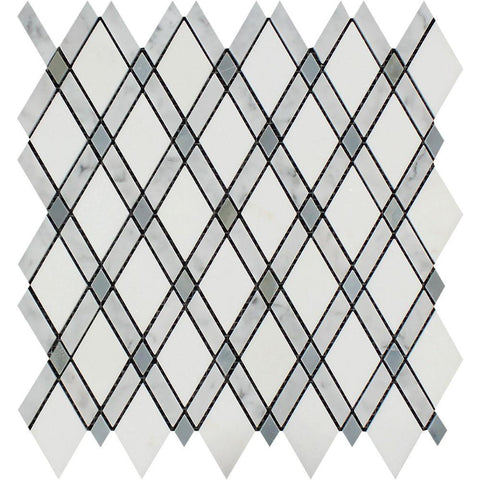 Thassos White Polished Marble Lattice Mosaic Tile (Thassos + Carrara + Blue-Gray)