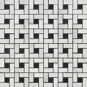 Oriental White Polished Marble Mini Pinwheel Mosaic Tile w/ Black Dots