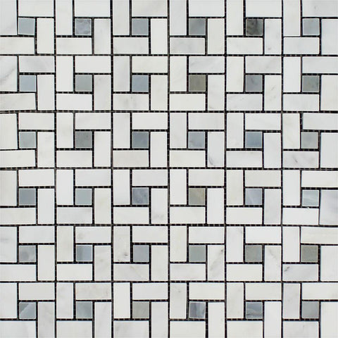 Oriental White Polished Marble Mini Pinwheel Mosaic Tile w/ Blue-Gray Dots