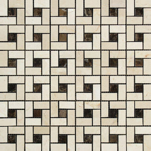Crema Marfil Polished Marble Mini Pinwheel Mosaic Tile w/Dark Emperador Dots