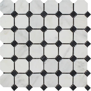 Oriental White Polished Marble Octagon Mosaic Tile w/ Black Dots