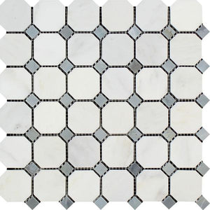 Oriental White Polished Marble Octagon Mosaic Tile w/ Blue-Gray Dots