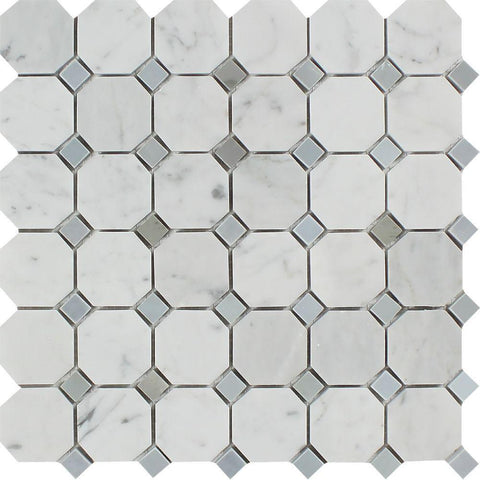 Bianco Carrara Polished Marble Octagon Mosaic Tile (w/ Blue-Gray Dots)