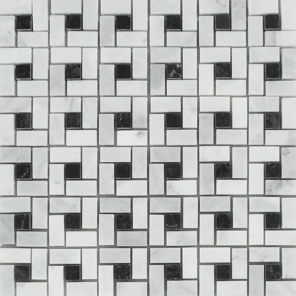 Bianco Mare Polished Marble Mini Pinwheel Mosaic Tile w/ Black Dots