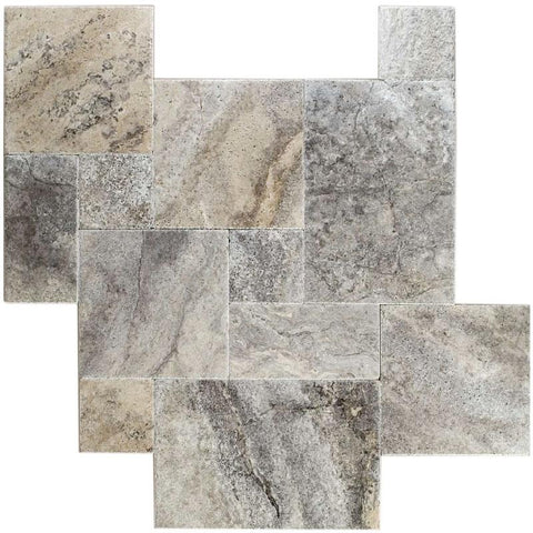 Silver Travertine Brushed and Chiseled Versailles Pattern Tile (French Pattern)