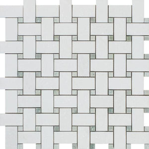 Thassos White Honed Marble Basketweave Mosaic Tile w/ Ming Green Dots