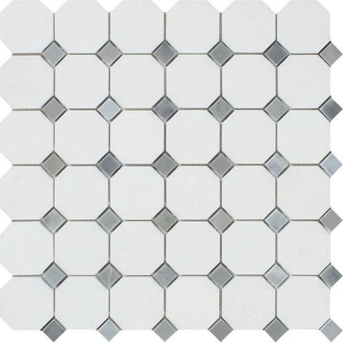 Thassos White Honed Marble Octagon Mosaic Tile w/ Blue-Gray Dots
