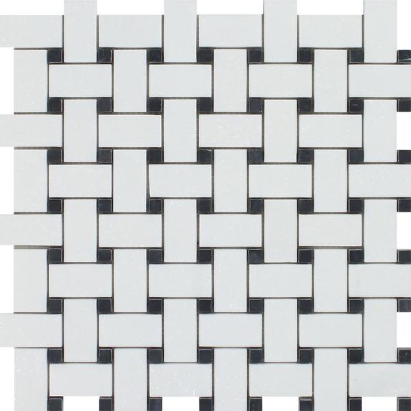 Thassos White Polished Marble Basketweave Mosaic Tile w/ Black Dots