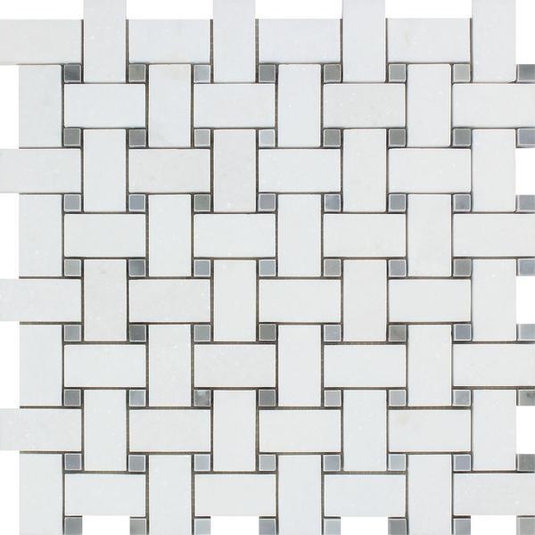 Thassos White Polished Marble Basketweave Mosaic Tile w/ Blue-Gray Dots