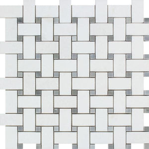 Thassos White Polished Marble Basketweave Mosaic Tile w/ Blue-Gray Dots