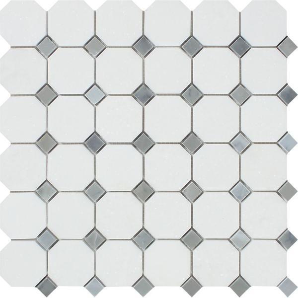 Thassos White Polished Marble Octagon Mosaic Tile w/ Blue-Gray Dots