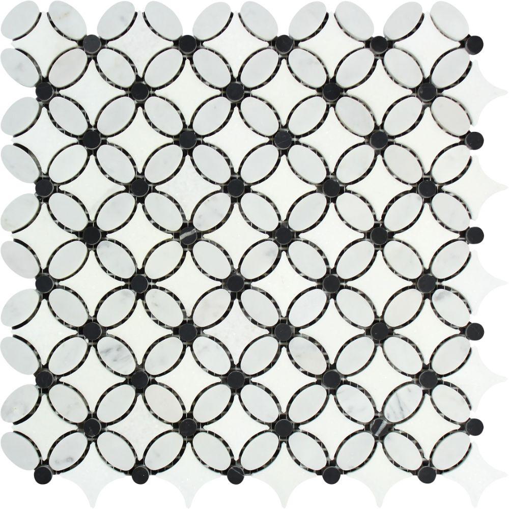 Thassos White Honed Marble Florida Flower Mosaic Tile (Carrara + Thassos (Oval) + Black (Dots))