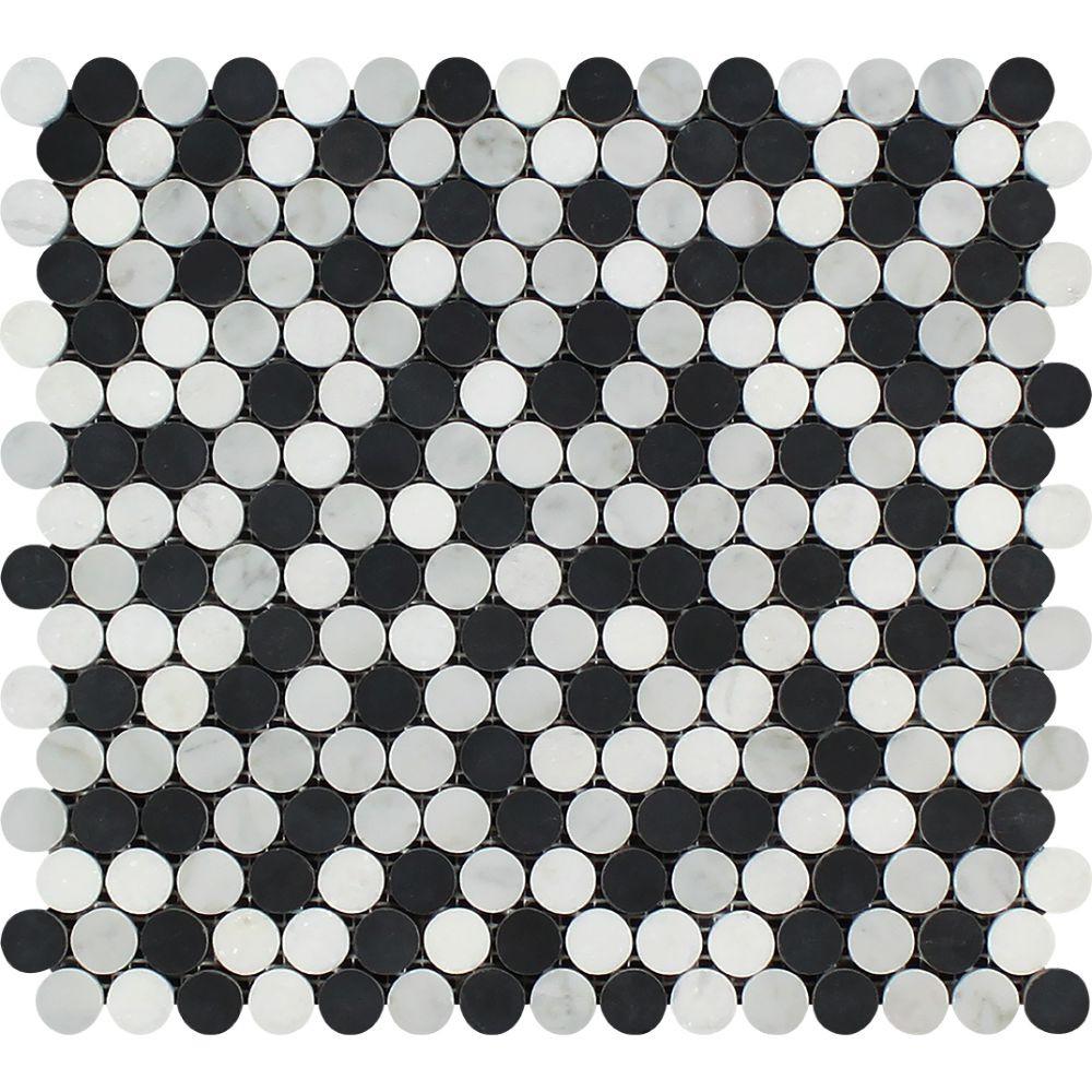 Thassos White Polished Marble Penny Round Mosaic Tile (Thassos + Carrara + Black)