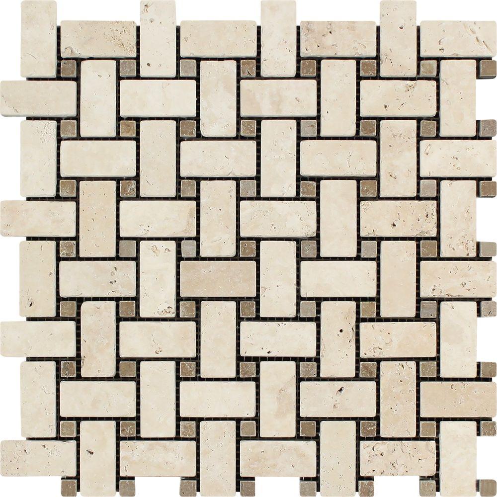 Ivory Tumbled Travertine Basketweave Mosaic Tile w/ Noce Dots
