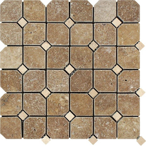 Noce Tumbled Travertine Octagon Mosaic Tile w/ Ivory Dots