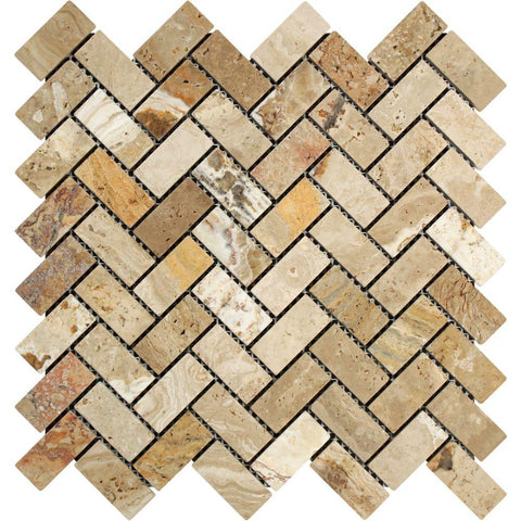 1 x 2 Tumbled Valencia Travertine Herringbone Mosaic Tile